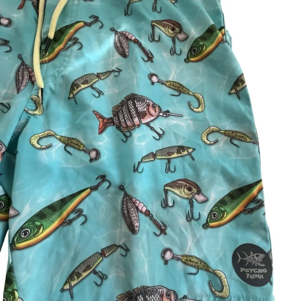 Psycho Tuna Vallarta Blue & White Fishing Lures Board Short Swim Trunks  SZ 32